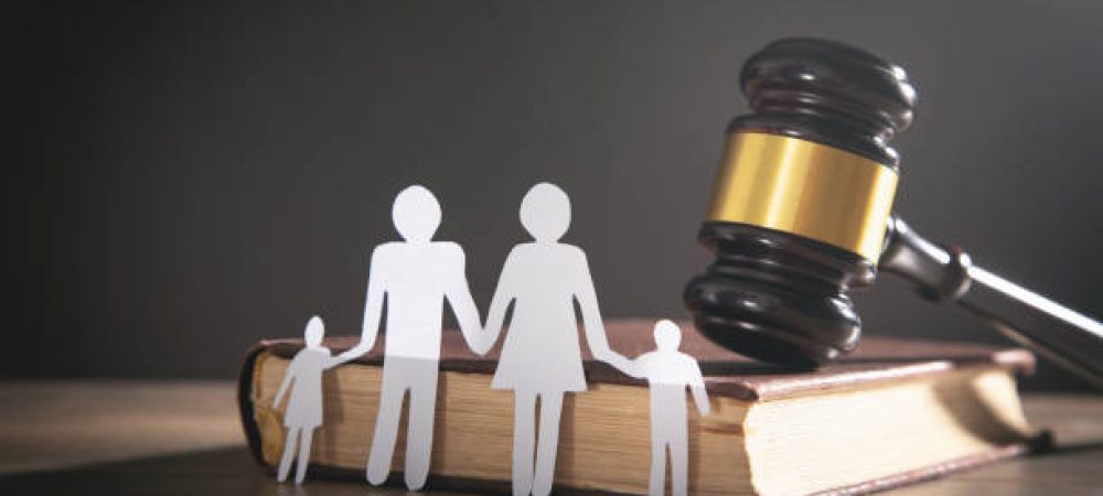 Paper cut family, judge gavel and book. Family Law